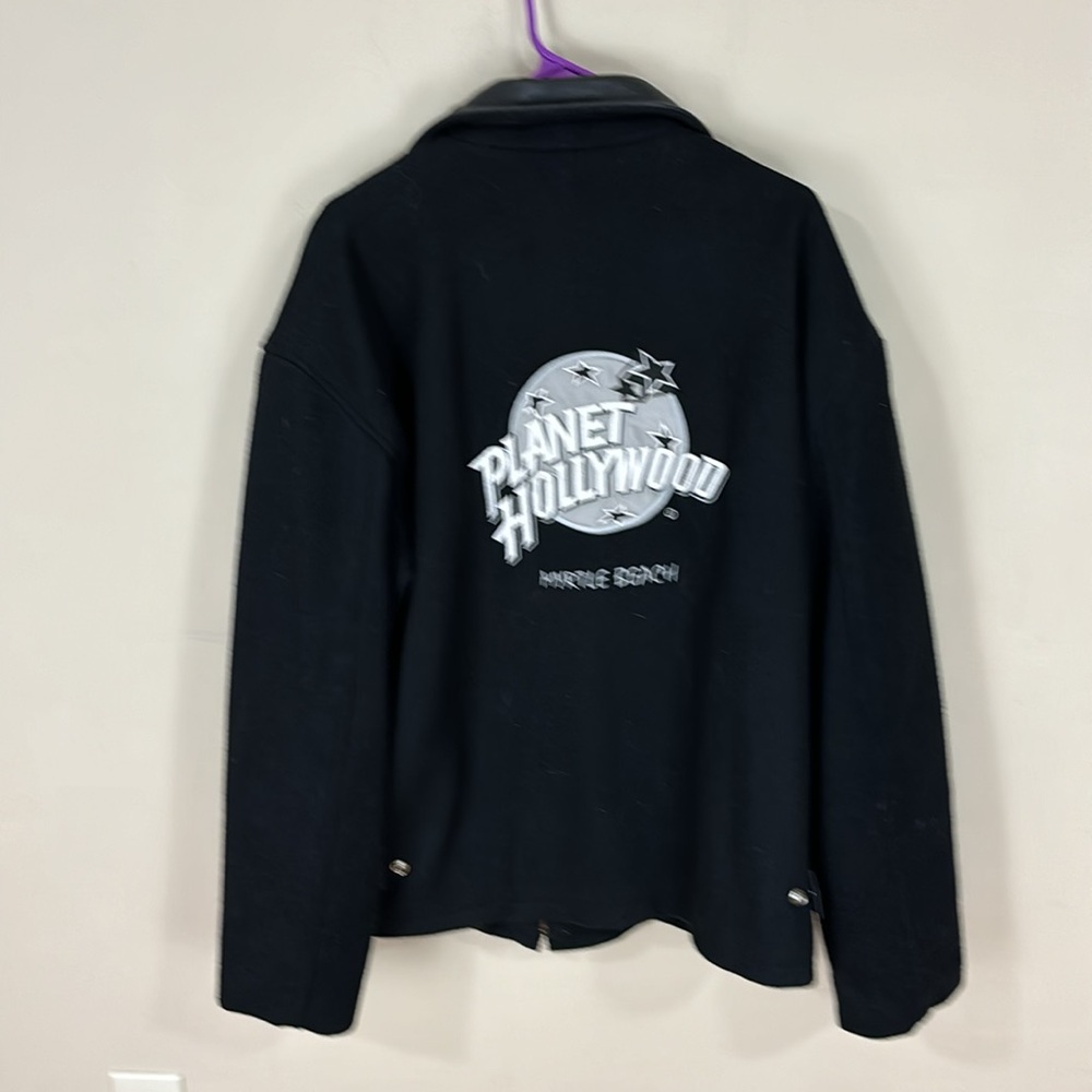 Vintage 90s Black Wool and Leather Planet Hollywood Myrtle Beach Large